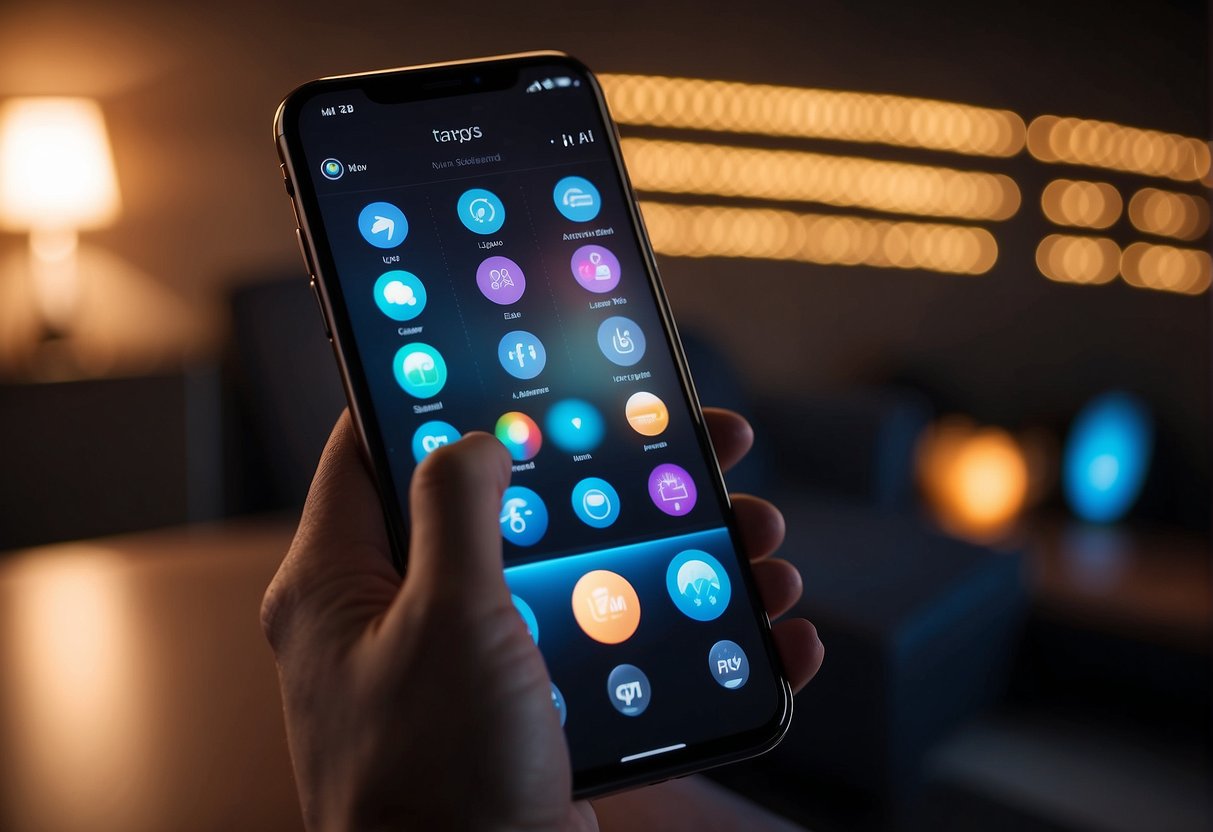 A room with various smart lights, adjusting brightness and color. A phone displaying motion-activated lighting apps. Personalized settings on the screen