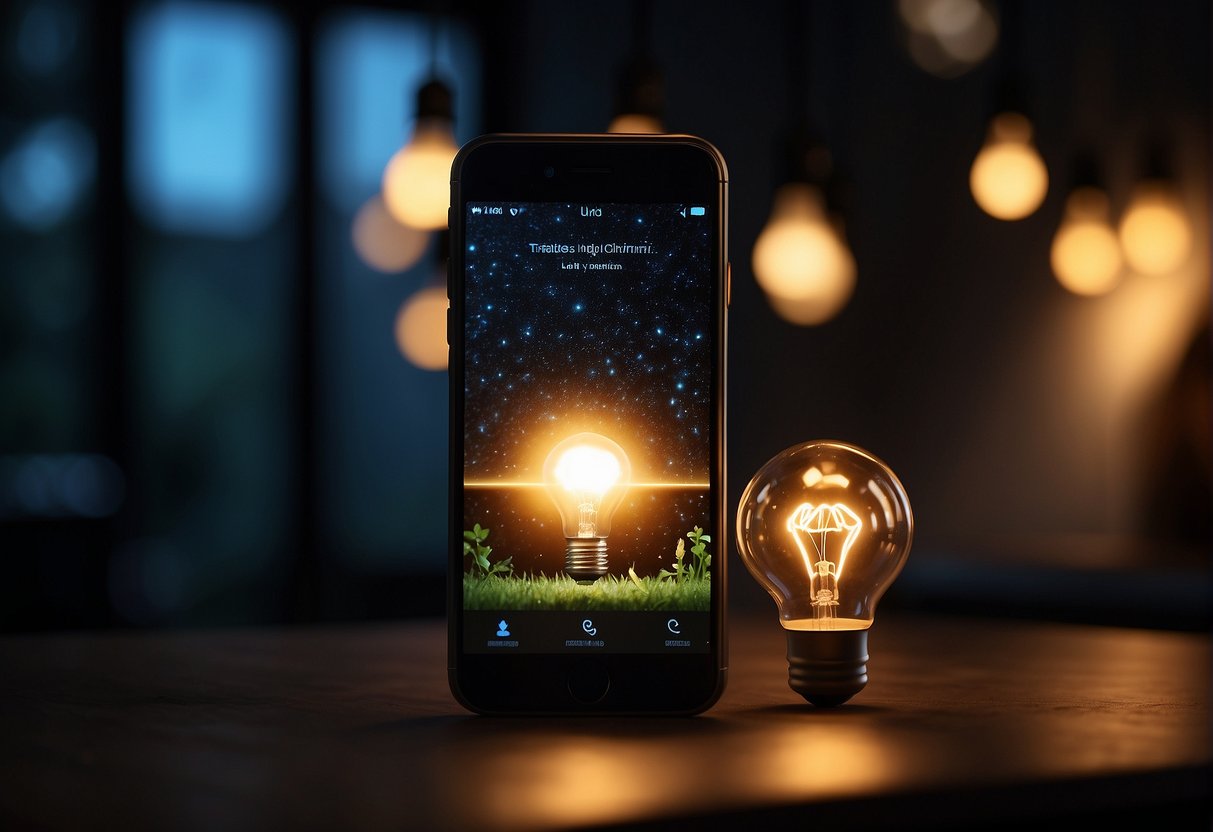 A smartphone with a smart lighting app glowing in a dark room, surrounded by energy-efficient LED bulbs emitting a warm, eco-friendly light