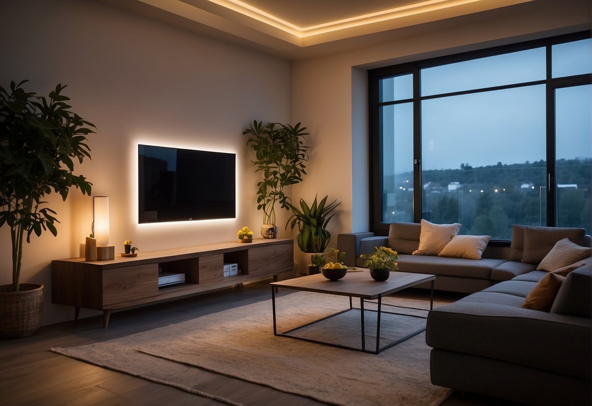 A cozy living room with smart lighting controlled by a mobile app. Energy-efficient bulbs illuminate the space, reducing electricity usage. The room exudes a warm, eco-friendly ambiance
