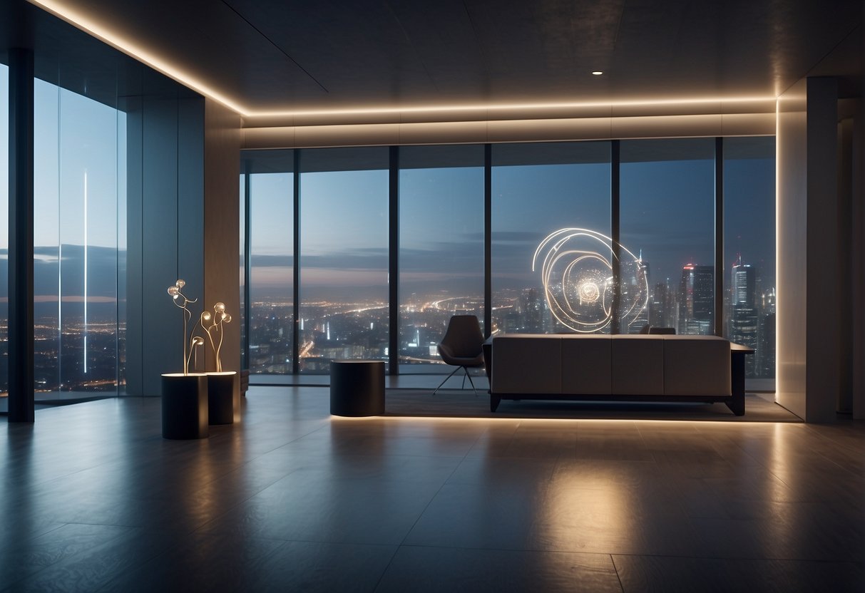 A sleek, modern room with motion-sensor lights and smart app integration. The lights adjust automatically as someone enters the space, creating a futuristic and efficient lighting experience
