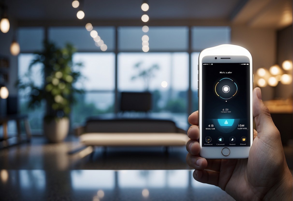 A motion sensor activates smart lighting as an app integrates seamlessly, creating a futuristic and efficient lighting ecosystem