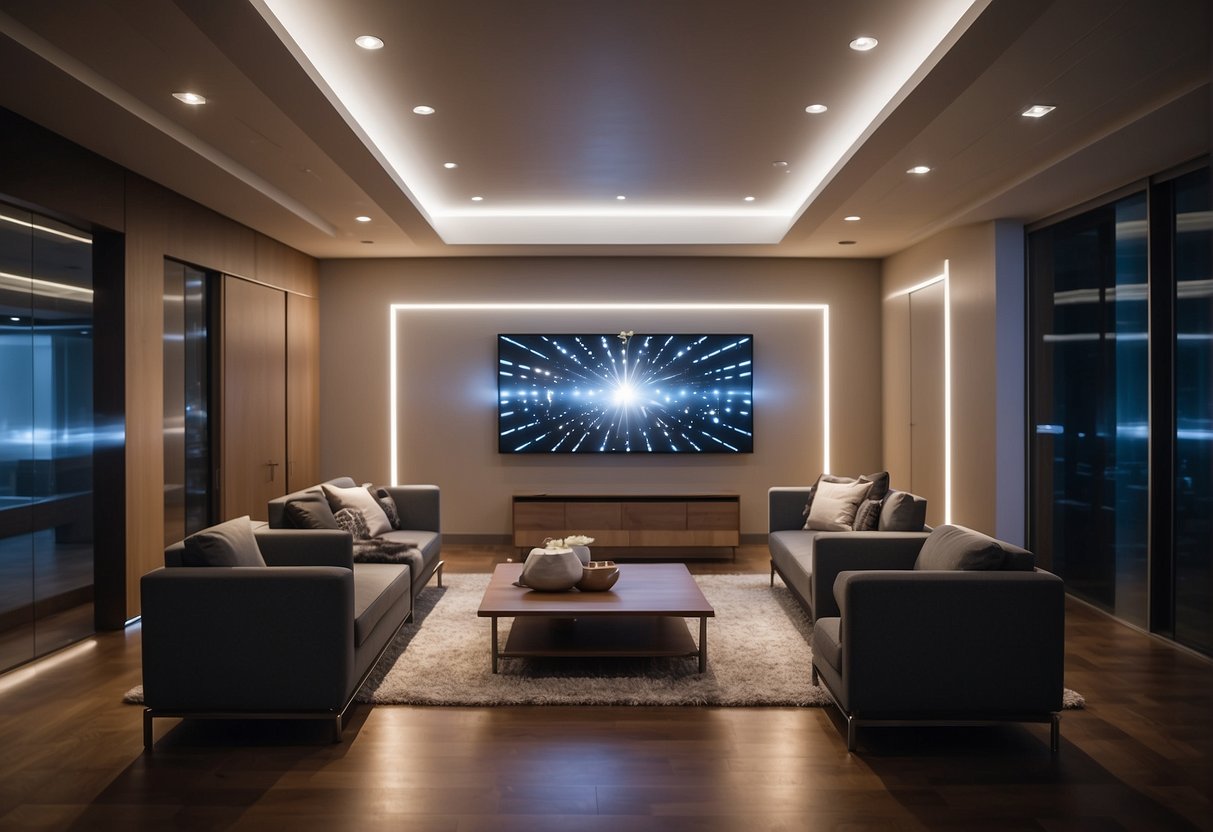 A room with motion-sensor lights and app-controlled lighting. Various types of light fixtures illuminating the space, showcasing the evolution of lighting technologies