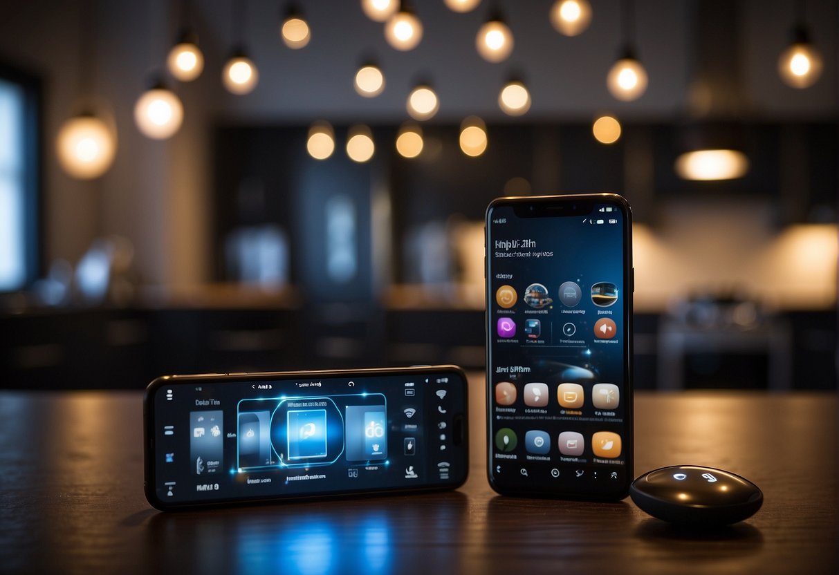 A smartphone with a motion lighting control app displayed on the screen, surrounded by various smart home devices and lighting fixtures