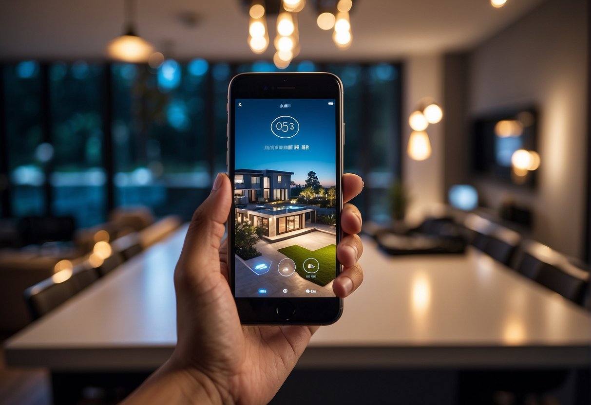 A smartphone with motion-activated lighting apps illuminating a modern living space with various smart devices seamlessly integrated