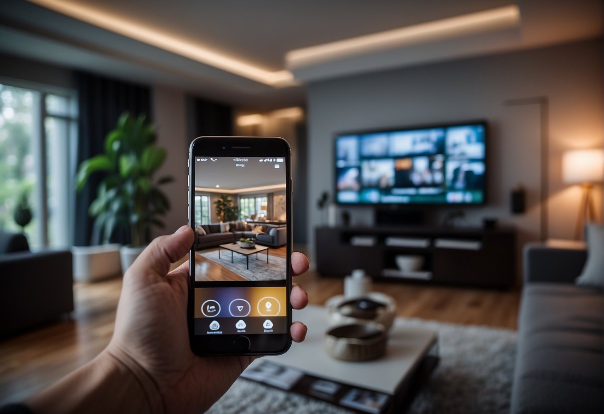 A smartphone with a motion lighting control app displayed on the screen, surrounded by various smart home devices and a comfortable living room setting