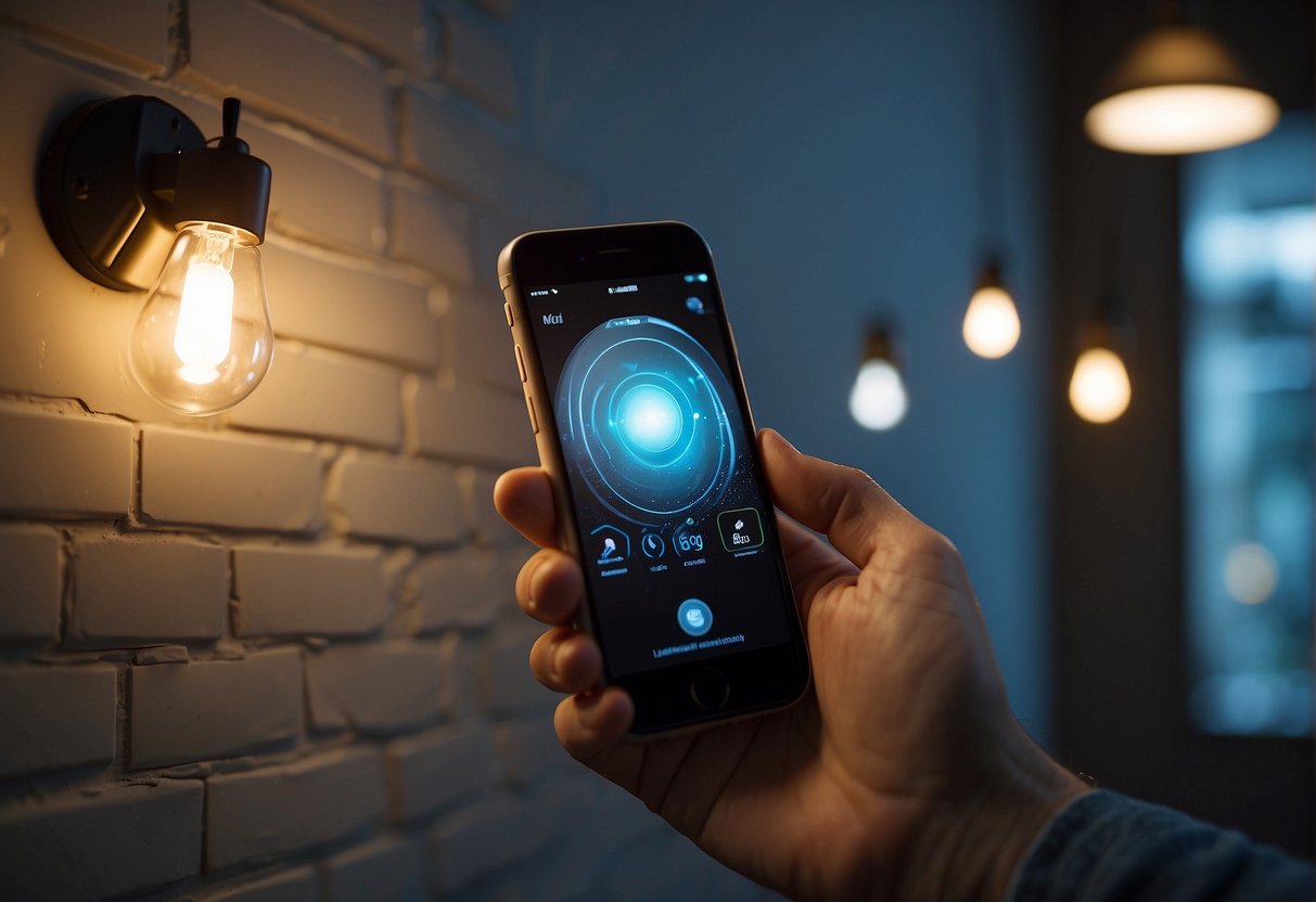 A hand holding a smartphone with a motion-activated lighting app open, while another hand adjusts settings on a wall-mounted light fixture