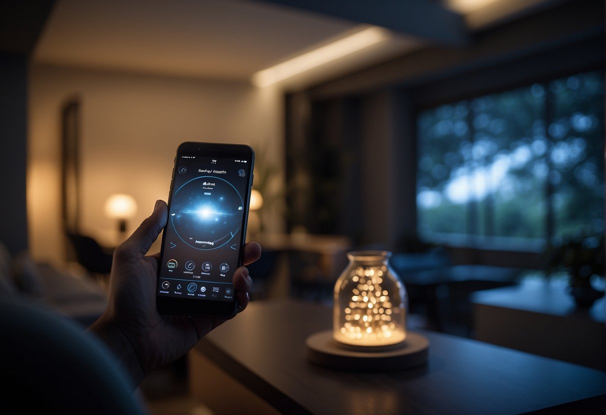 A hand reaches to install a motion-activated lighting app on a smartphone, while a room is shown transitioning from dark to illuminated