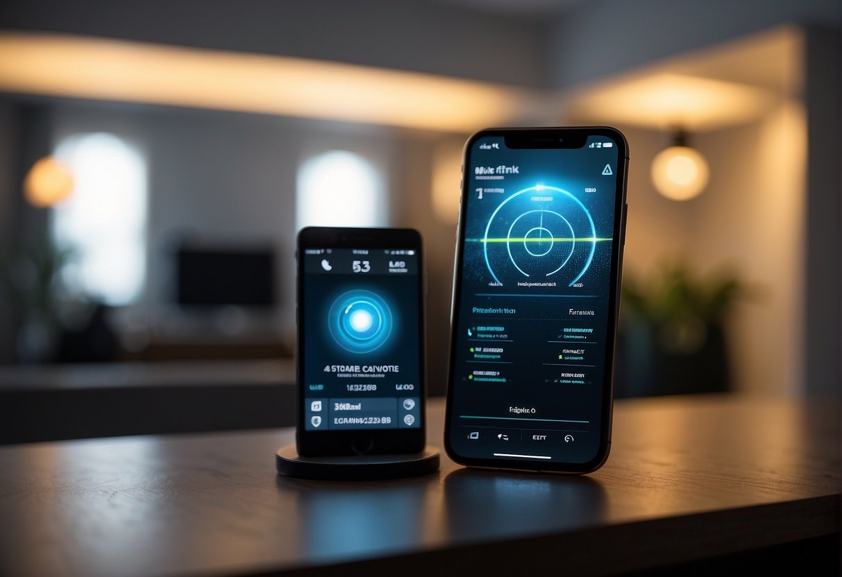 A smartphone with a lighting control app displayed, adjusting the brightness of a room's LED lights. Energy efficiency and cost-saving benefits are highlighted