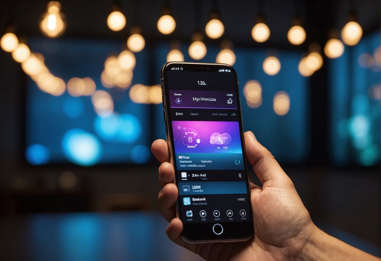 A smartphone with a lighting control app displayed on the screen, adjusting the brightness and color of a room's lights. The app interface is user-friendly and modern, with customizable settings for cost-saving benefits