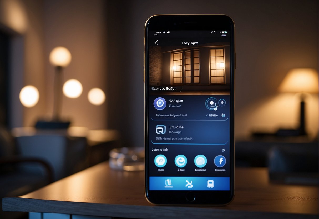 A smartphone with a lighting control app, illuminating a room with energy-efficient LED bulbs, while a traditional light switch remains untouched