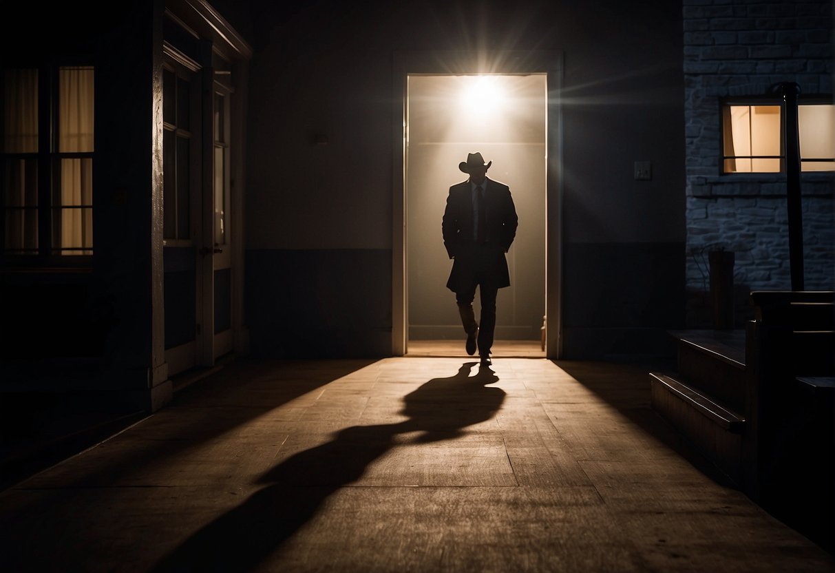 A shadowy figure approaches a well-lit doorway, triggering a motion-sensor light. The bright light illuminates the area, revealing the figure and deterring potential intruders