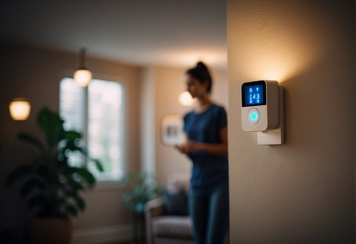 A motion sensor light turns on as a person walks through a smart home, enhancing security