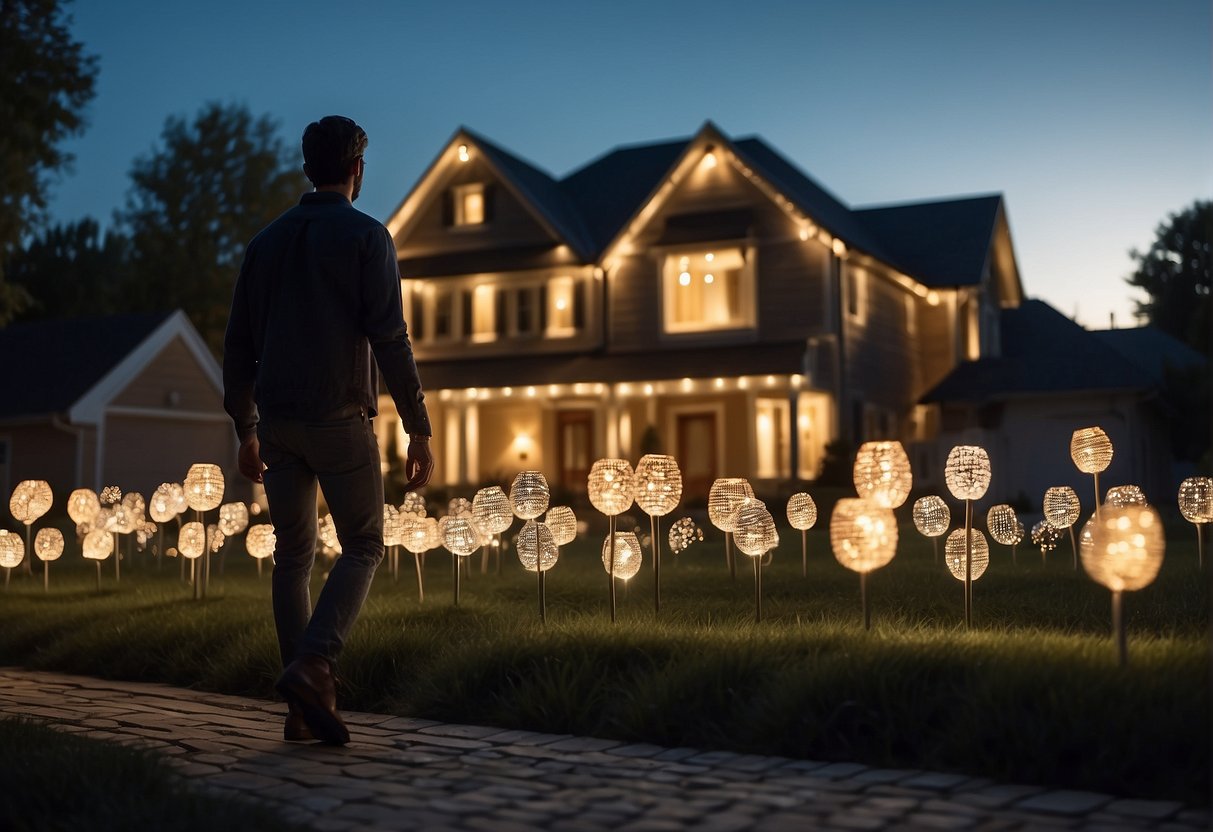 A house at night with motion-sensor lights activating as a person walks by, enhancing home security