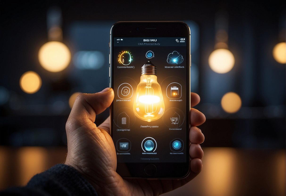 A smartphone controls smart light bulbs in a dark room, casting a warm glow and conserving energy