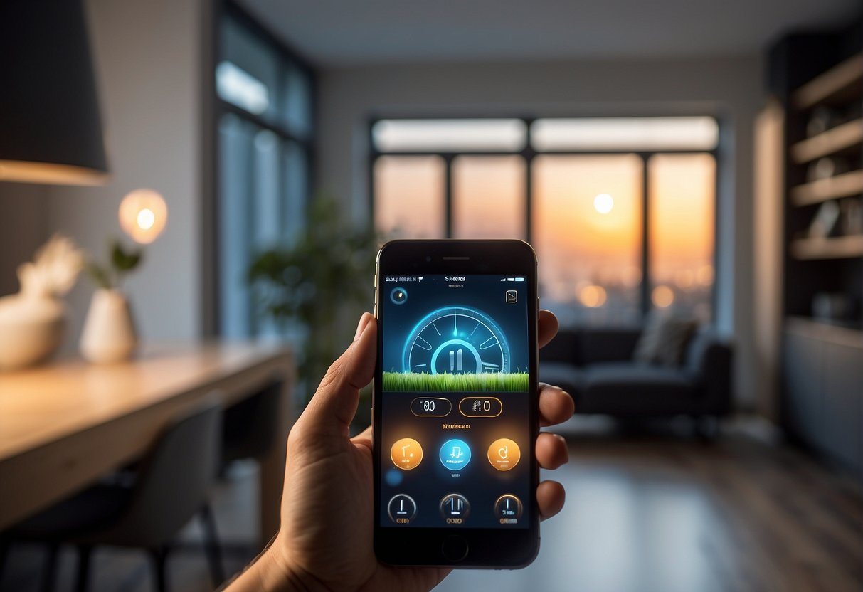 A smartphone with energy-saving app controls smart lighting in a modern, eco-friendly home